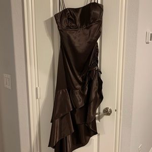 Brown satin spaghetti strap dress with side scrunch and bow on the side size 9.